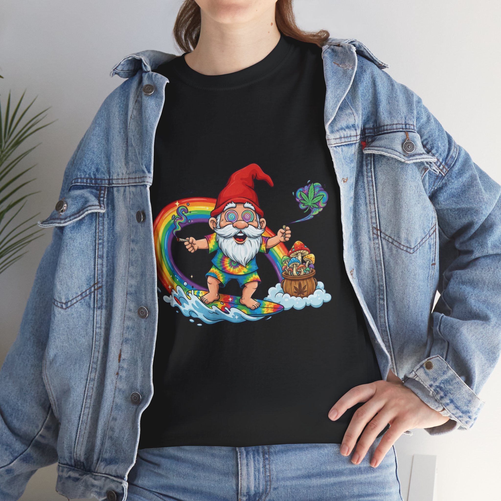 Rainbow Surfing Gnome Heavy Cotton T-Shirt